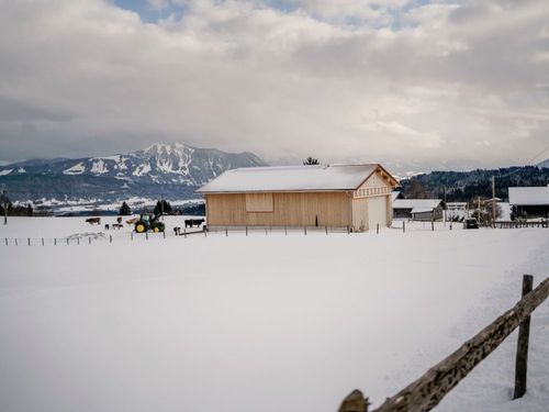 Mutterkuhstall im Winter mit Blick auf den Grünten Mutterkuhstall im Winter mit Blick auf den Grünten