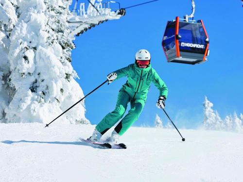 HochfichtWinterSkifahrerinAbfahrtSeilbahn_ Oberoesterreich Tourismus GmbH, Stefan Mayerhofer