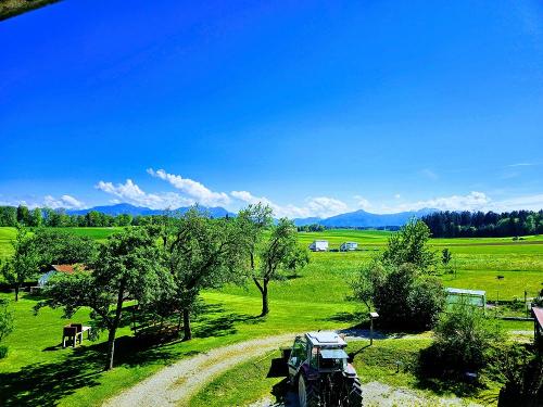 Aussicht von Balkon in Garten und Wiesen