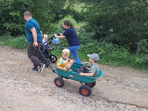 Familien-Wandern in den Wald mit dem Bollerwagen