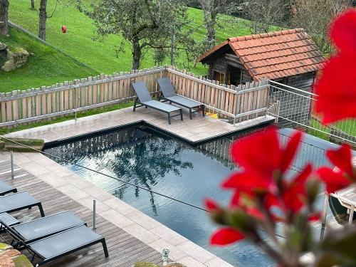 Blick auf den Naturpool und dem großen Spielplatz