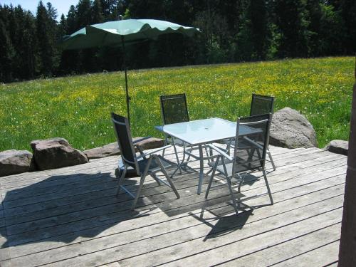 Blick von der Terrasse des Ferienhauses ins Grüne