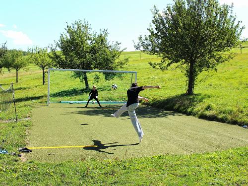 Unser Allwetter Fußballplatz mit Kunstrasen - auch zum Badminton spielen geeignet