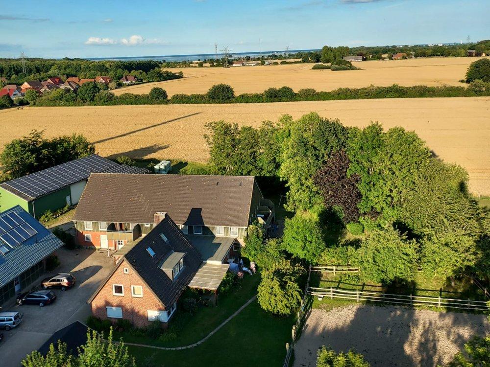 Hofbild von oben und im Hintergrund der Wald, die Schlei und die Ostsee