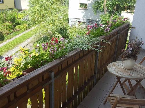 Blick vom Balkon in den Garten