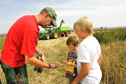 Kinder mit Mann auf Feld