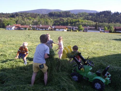 Kinder spielen mit Heu