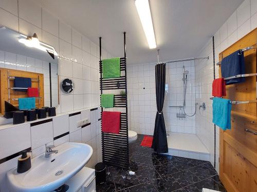 Bad mit Dusche, WC und Waschmaschine, auf Anfrage Duschhocker, Aufstehhilfe, Griffe