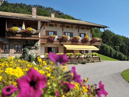 Blick vom Zuhaus auf das Bauernhaus und Blumenbeet