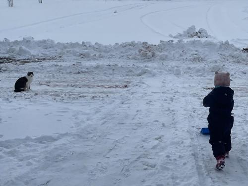 Kind und Katze im Winter